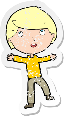 Bir insan tarafından çizilen mutlu çocuk çizgi filminin kederli retro yapıştırması.