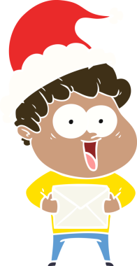 Bir insan tarafından çizilmiş Noel Baba şapkası takan mutlu bir adamın düz renkli çizimi.