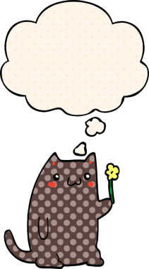 Çizgi roman tarzında bir insan tarafından çizilmiş düşünce baloncuğu olan sevimli çizgi film kedisi.