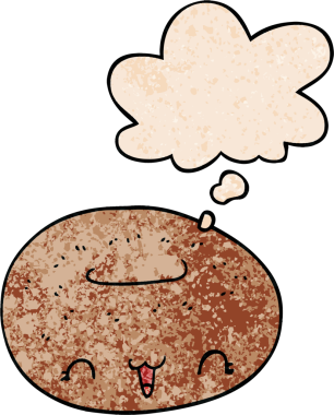 Bir insan tarafından çizilmiş grunge doku tarzında düşünce baloncuğu olan tatlı çizgi film donutu.