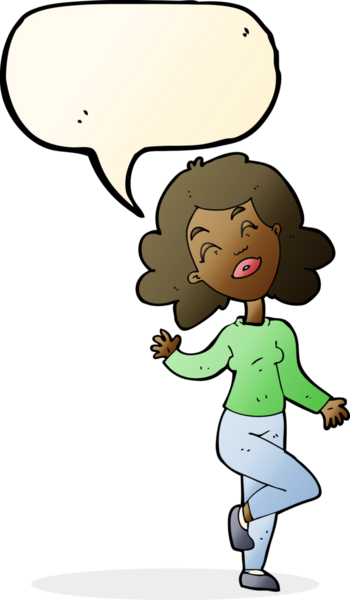 Bir insan tarafından çizilmiş konuşma balonuyla dans eden mutlu kadın çizgi filmi.