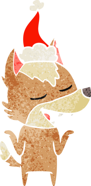 Bir insanın çizdiği Noel Baba şapkasıyla gülen bir kurdun el çizimi karikatürü.