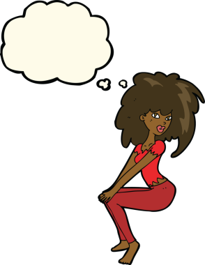 Düşünce baloncuğu çizen uzun saçlı çizgi film kadını.