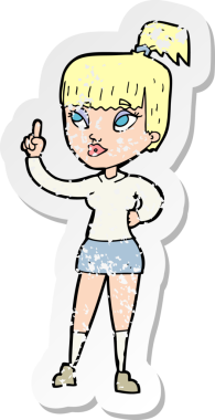 Bir insan tarafından çizilmiş, karikatürlü çekici bir kızın gerilimli retro yapıştırması.