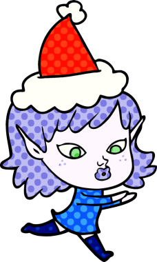 Güzel el çizimi çizgi roman stili Noel Baba şapkası giyen bir elf kızı bir insan tarafından çizilmiş.