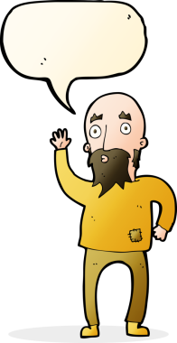 Çizgi film sakallı adam bir insan tarafından çizilmiş konuşma balonuyla el sallıyor.