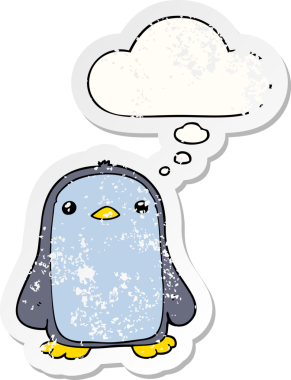 Düşünce baloncuğu olan sevimli penguen dertli bir çıkartma gibi bir insan tarafından çizilmiş.