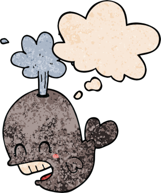 Düşünce baloncuğu ve insan tarafından çizilmiş grunge dokusuyla balina fışkırtan çizgi film.