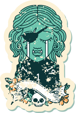 Retro Dövme Tarzı Ağlayan Ork düzenbaz karakter yüzü ve bir insan tarafından çizilmiş doğal bir D20 rulo