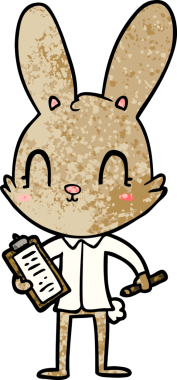 Bir insan tarafından çizilmiş panosu olan sevimli çizgi film tavşanı.