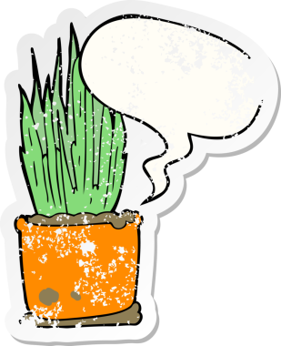 Konuşma baloncuğu olan karikatür evi bitkisi bir insan tarafından çizilmiş sıkıntılı eski bir çıkartma