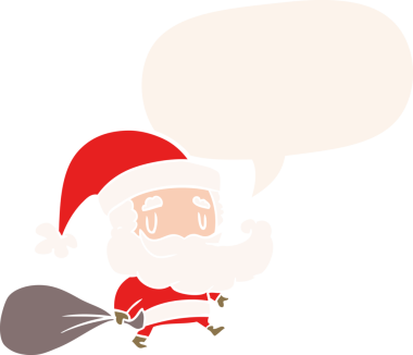 Noel Baba çizgi filminde bir insan tarafından çizilmiş eski moda konuşma balonuyla hediyeler taşıyordu.