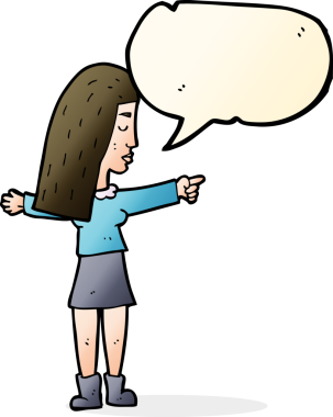 Bir insan tarafından çizilmiş bir konuşma balonuyla işaret eden çizgi film kadını.