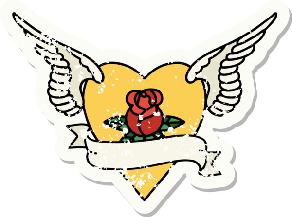 Üzücü etiket dövmesi geleneksel kalp tarzında kanatlarla bir insan tarafından çizilmiş bir gül ve bayrak