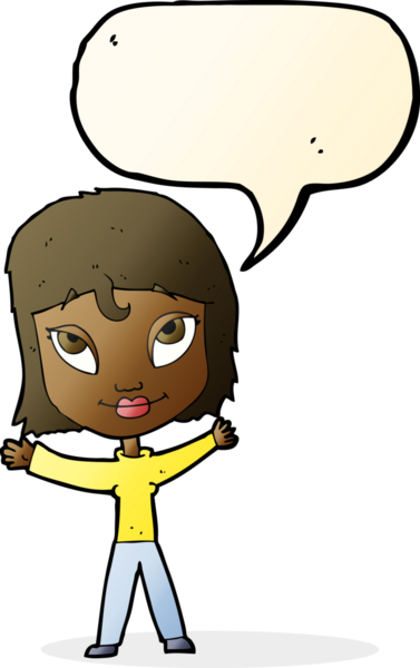 Bir insan tarafından çizilmiş konuşma balonuyla kollarını sallayan mutlu bir kadın çizgi filmi.