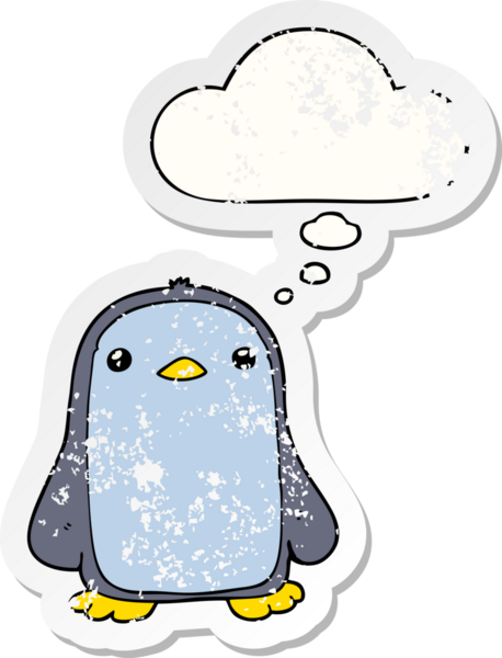 Düşünce baloncuğu olan sevimli penguen dertli bir çıkartma gibi bir insan tarafından çizilmiş.