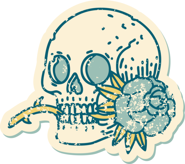 Bir insan tarafından çizilmiş kafatası ve gülün sembolik dövmeli görüntüsü.