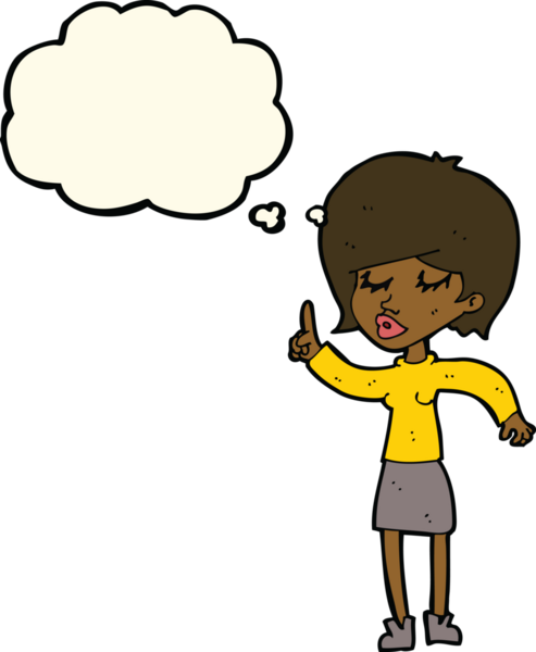 Bir insan tarafından çizilmiş düşünce baloncuğu fikri olan karikatür kadın.