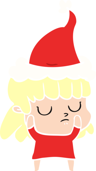 Bir insan tarafından çizilmiş Noel Baba şapkası giyen kayıtsız bir kadının el çizimi düz renk çizimi.