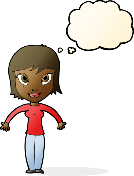 Bir insan tarafından çizilmiş düşünce baloncuğuyla omuz silken çizgi film kadını.