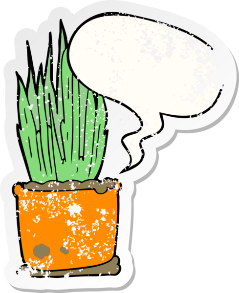 Konuşma baloncuğu olan karikatür evi bitkisi bir insan tarafından çizilmiş sıkıntılı eski bir çıkartma