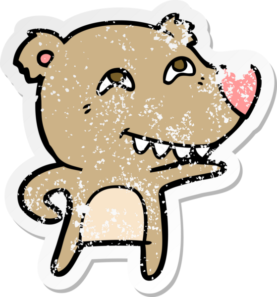 Bir insan tarafından çizilmiş dişleri gösteren bir çizgi film ayısının sıkıntılı çıkartması.