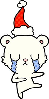 Ağlayan kutup ayısı eli bir insan tarafından çizilmiş Noel Baba şapkasının çizgi roman çizimi