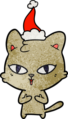 Bir insan tarafından çizilmiş Noel Baba şapkası takan bir kedinin el çizimi karikatürü.