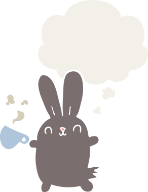 Bir insan tarafından çizilmiş düşünce baloncuklu kahve fincanı olan sevimli çizgi film tavşanı.