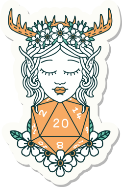 Bir insan tarafından çizilmiş nautral yirmilik zarlı bir Elf Druid karakterinin çıkartması.