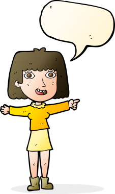 Bir insan tarafından çizilmiş konuşma balonuyla işaret eden mutlu kadın çizgi filmi.