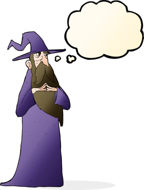 Bir insan tarafından çizilmiş düşünce baloncuğu olan yaşlı bir sihirbaz.