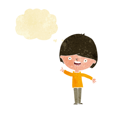 Bir insan tarafından çizilmiş düşünce balonu olan mutlu çocuk çizgi filmi.