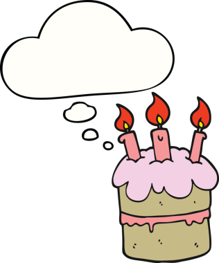 Bir insan tarafından çizilmiş düşünce balonlu doğum günü pastası.