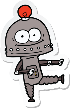 Bir insan tarafından çizilmiş mutlu bir karton robotun çıkartması.