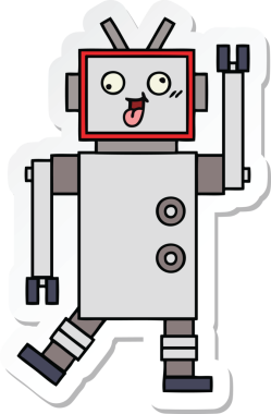 Bir insan tarafından çizilmiş sevimli, çizgi film delisi bir robotun çıkartması.