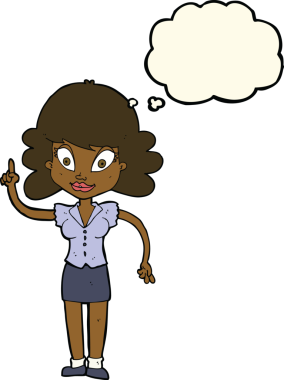 Bir insan tarafından çizilmiş düşünce baloncuğu fikri olan mutlu bir kadın.