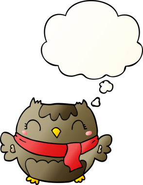 Bir insan tarafından çizilmiş yumuşak eğimli düşünce baloncuğu olan sevimli çizgi film baykuşu