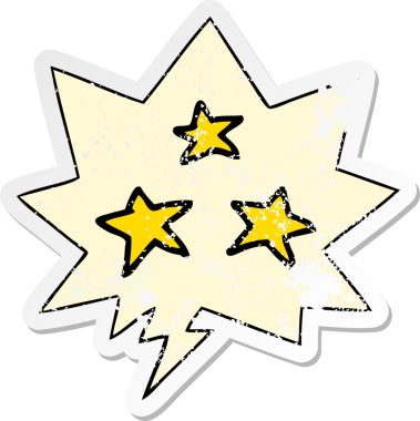 Konuşma baloncuğu olan çizgi film yıldızları bir insan tarafından çizilmiş sıkıntılı eski bir çıkartma