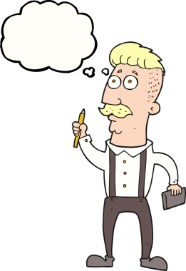 Bir insan tarafından çizilmiş not defteri olan serbest çizimli düşünce balonu karikatürü adam.