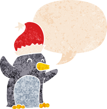 Hoş bir karikatür pengueni, grunge 'da konuşma baloncuğu olan sıkıntılı eski moda bir insan tarafından çizilmiş