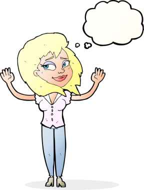 Bir insan tarafından çizilmiş düşünce baloncuğuyla pes eden çizgi film kadını.