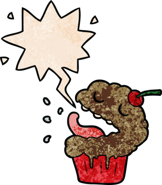 Bir insan tarafından çizilmiş geçmişe dönük konuşma baloncuklu komik bir kek.