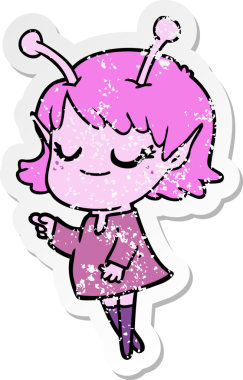 Bir insan tarafından çizilmiş gülümseyen uzaylı kız çizgi filminin sıkıntılı çıkartması.