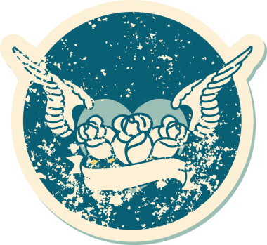 Bir insan tarafından çizilmiş çiçek ve pankartıyla uçan bir kalbin sembolik dövmeli resmi.