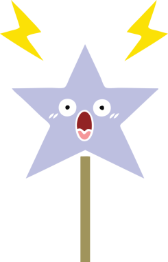 Bir insan tarafından çizilmiş sihirli değneğin düz renkli retro karikatürü