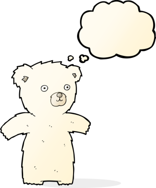 Bir insan tarafından çizilmiş düşünce baloncuklu şirin kutup ayısı.