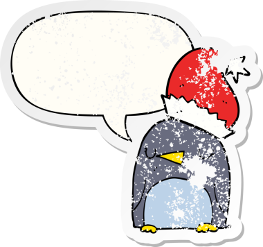 Konuşma baloncuğu olan sevimli noel pengueni bir insan tarafından çizilmiş kederli eski bir çıkartma.