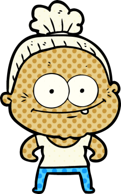 Bir insan tarafından çizilmiş mutlu yaşlı kadın çizgi filmi.