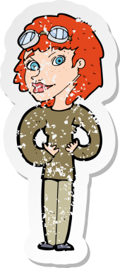 Bir insan tarafından çizilmiş karikatür havacı bir kadının gerilimli retro etiketi.